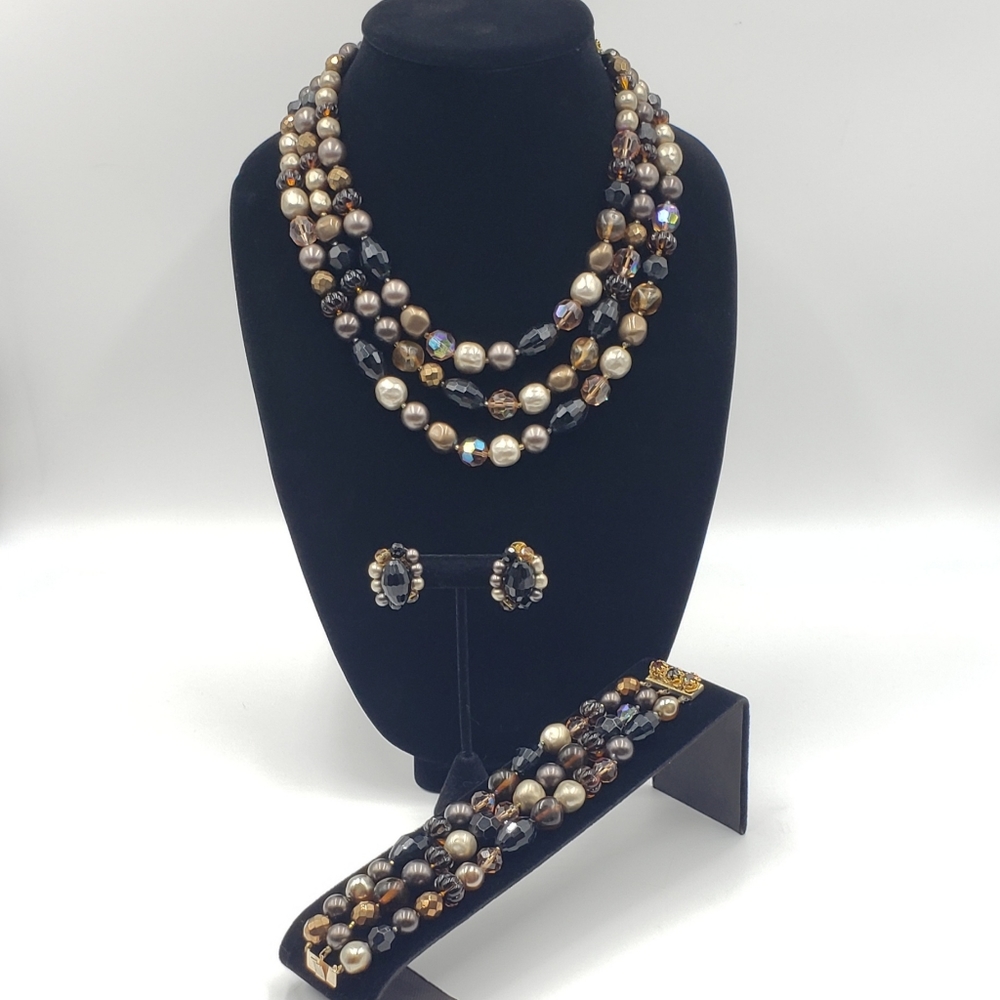 Vintage DeMario Jewelry Set MCM Black Tan Gold Pearl